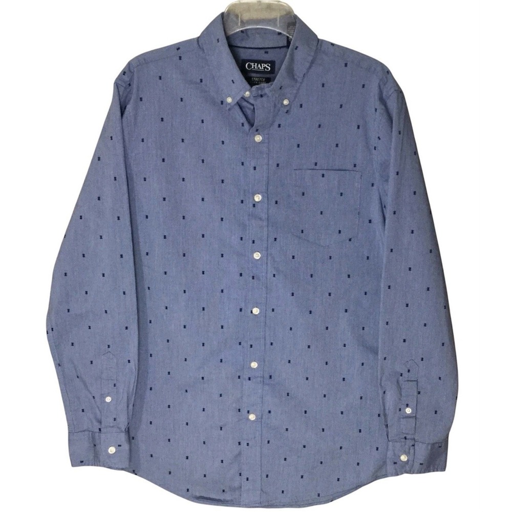 Chaps Button Down Shirt Mens M Blue Stretch Easy Care Geometric Long Sleeve - Picture 1 of 11